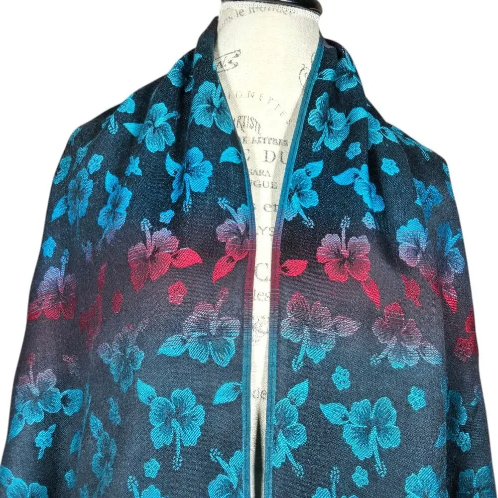 Floral Scarf Wrap Black Blue Red Hibiscus 27" x 70" Soft Pashmina‎ Type - Picture 2 of 8